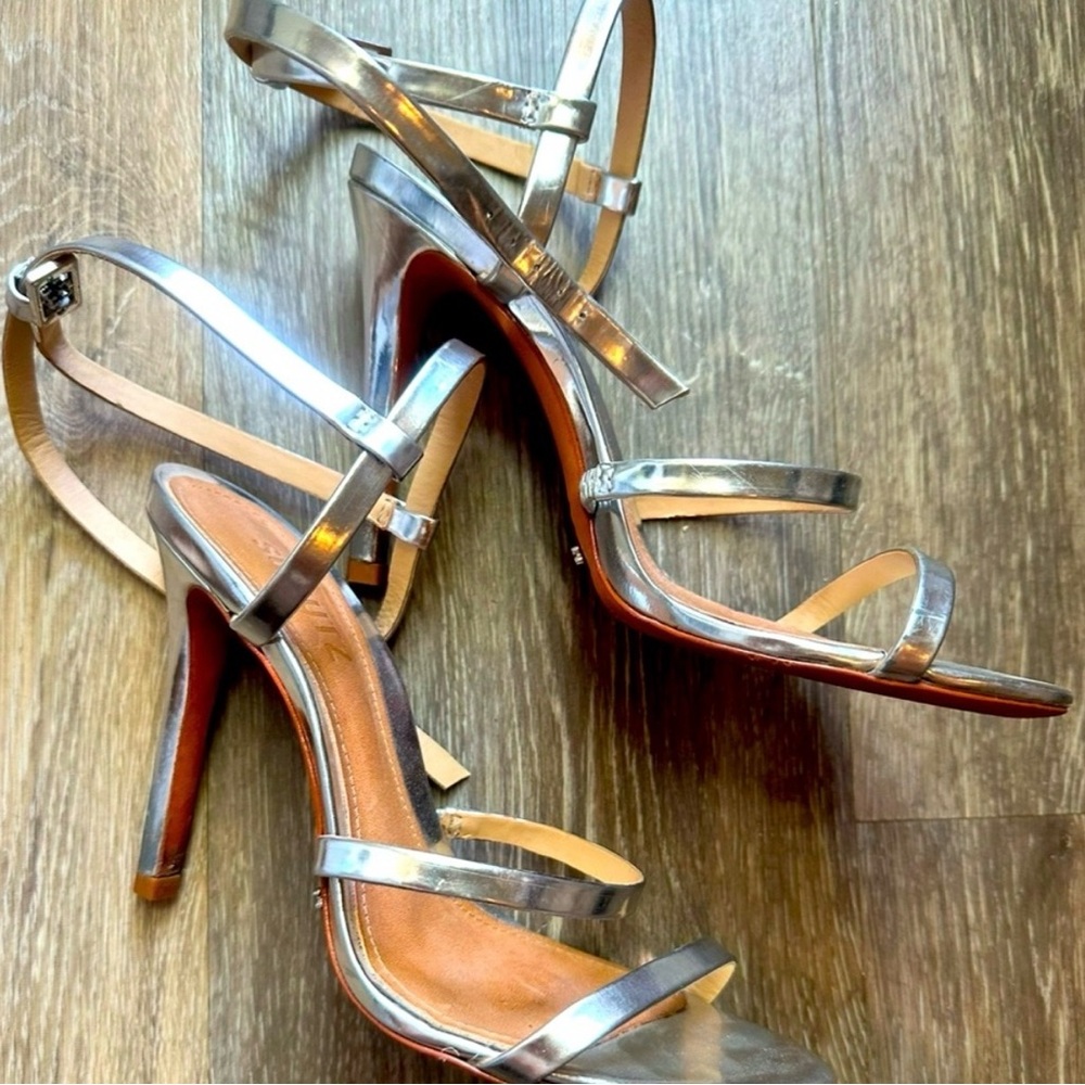 SCHUTZ Metallic Silver Strappy High Heel Sandals - Picture 2 of 3